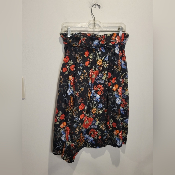 H&M Size M Black Floral Paper Bag Midi Cotton Skirt W/pockets - Picture 4 of 7